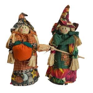Vintage Pair Of Cloth Halloween Witches Table Decor Tree Toppers